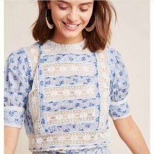 Anthropologie Love Same Harper floral lace ruffle trim cropped blouse